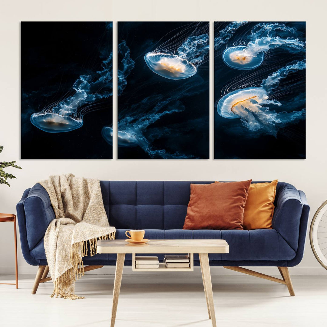 The "Jellyfish Wall Art Canvas Print," featuring a sea-themed design of glowing jellyfish, is displayed in high-resolution on museum-quality canvas.