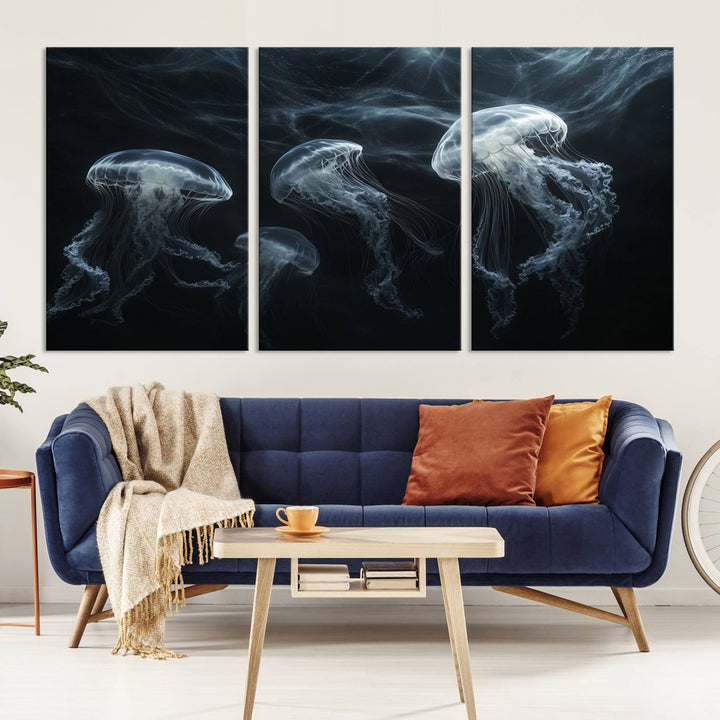 The Jellyfish Wall Art Canvas Print features glowing jellyfish in vibrant colors on museum-quality canvas.