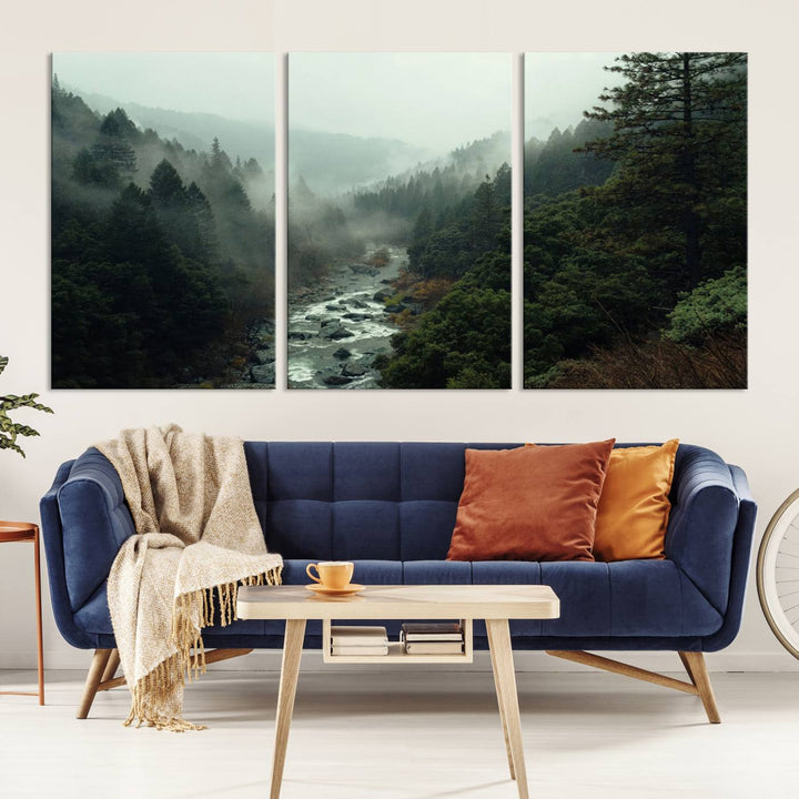 Misty Forest Wall Art | Ready to Hang and Framed | Tranquil Nature Landscape for Living Room or Cabin Wall Decor