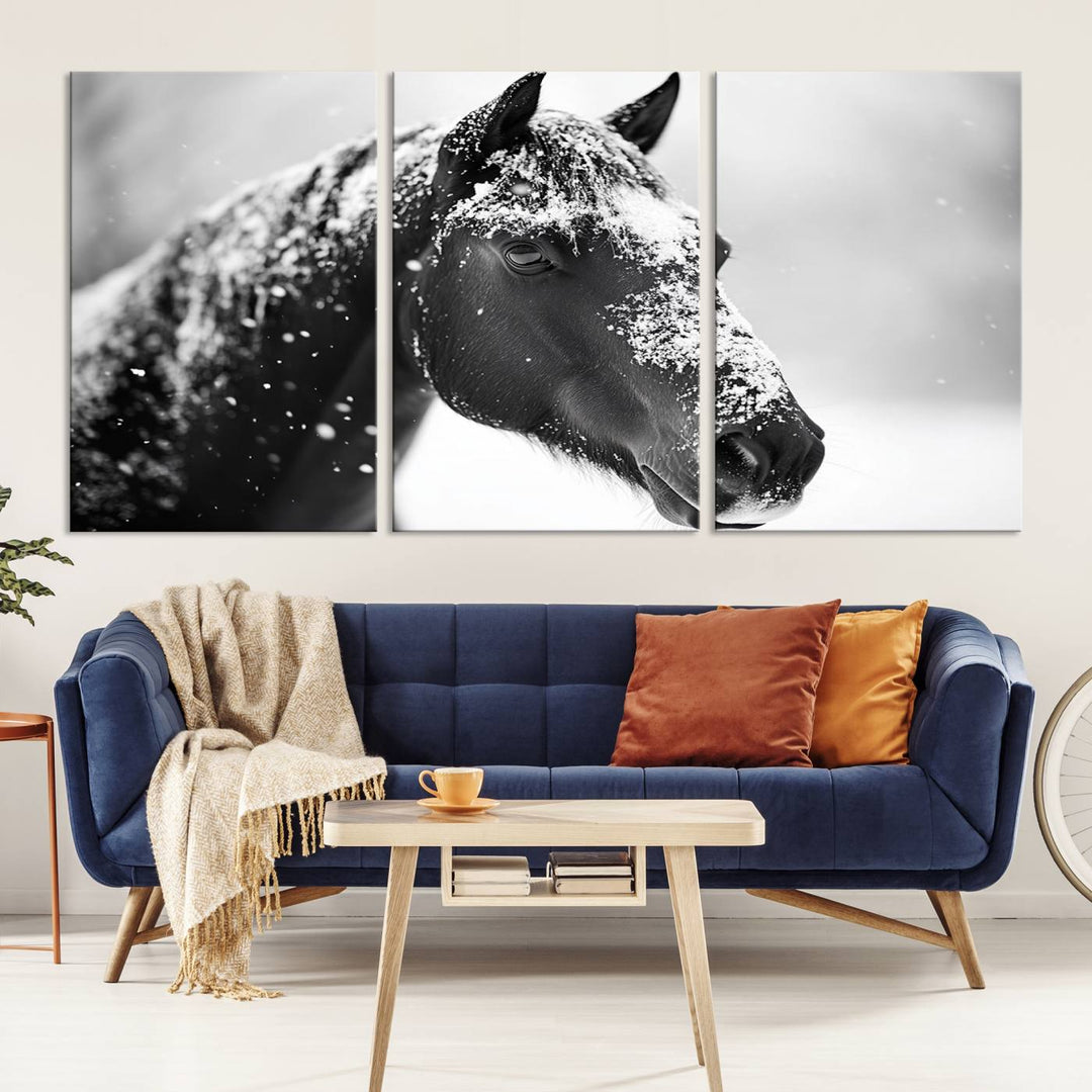 A set of Winter Horse Snow Wall Art Canvas Prints hangs, creating the perfect touch of Rustic Cabin Decor.