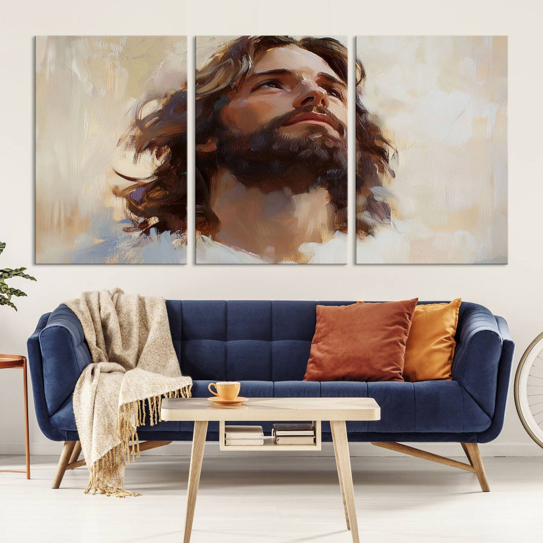 The "Jesus Christ Portrait Wall Art," a ready-to-hang and framed canvas print, features a bearded man with long hair looking upward, creating an inspirational spiritual atmosphere.