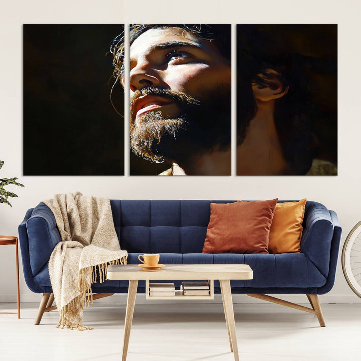 The Jesus Portrait Wall Art Canvas Print features a thoughtful depiction of Jesus Christ in an oil painting style, adding an inspirational religious touch to the decor.