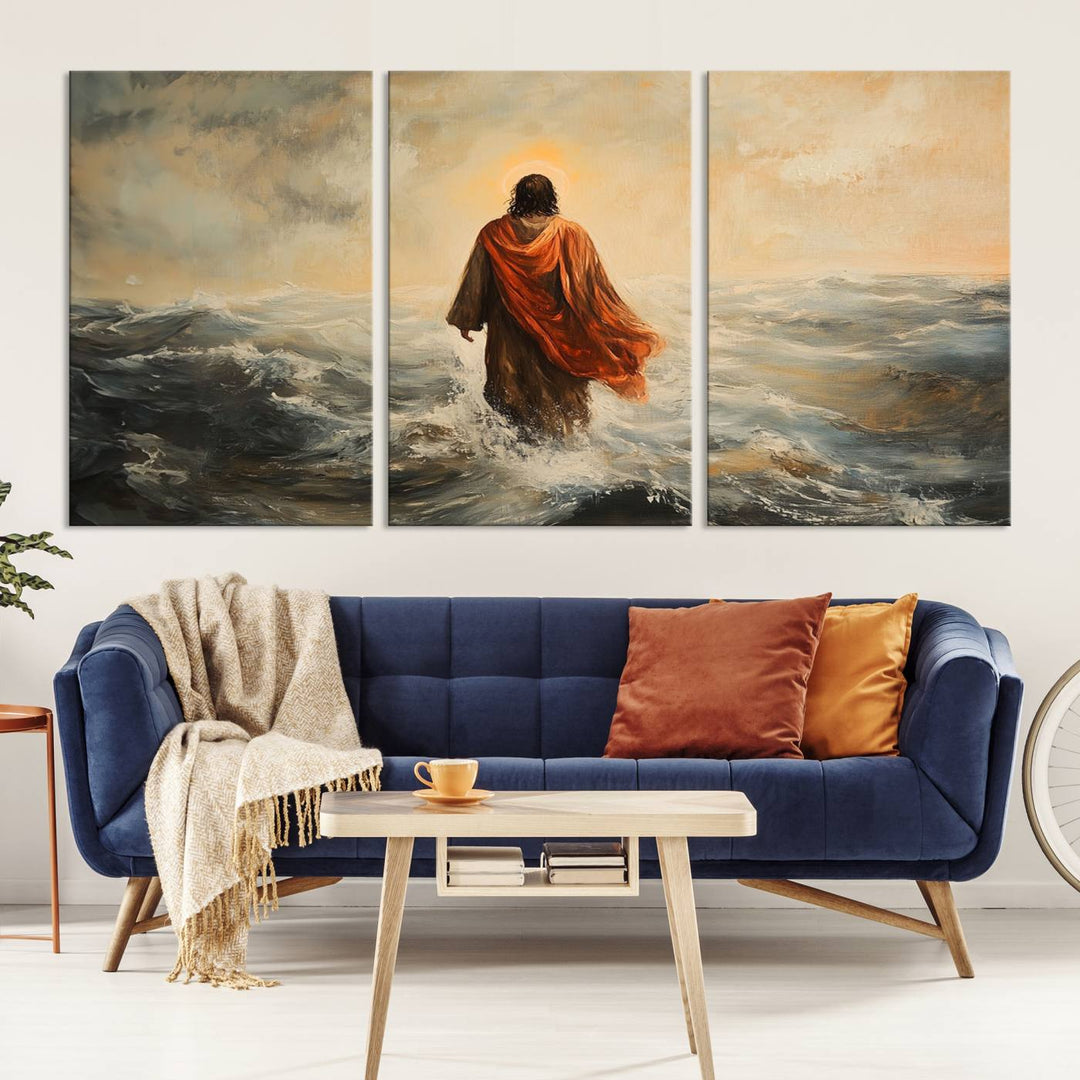 This triptych wall art, titled "Jesus Walking on Water," presents a figure in a red cloak crossing turbulent seas. It is perfect for those looking for religious home decor with a contemporary flair.