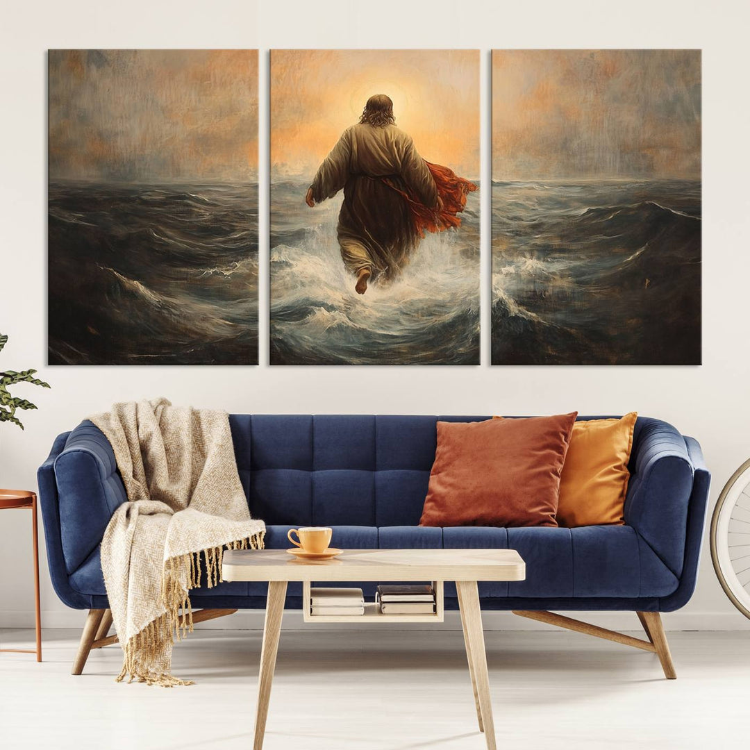 A modern living room is adorned with a triptych titled "Jesus Walking on Water, Christian Wall Art, Jesus Christ Walking on Oil Painting Style Print." The artwork, presented on museum-quality canvas, showcases vibrant colors and exquisite detail.