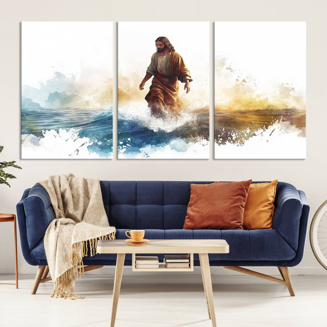 Watercolor Jesus Walking on Water Canvas Print, Christian Wall Art, Jesus Christ Walking