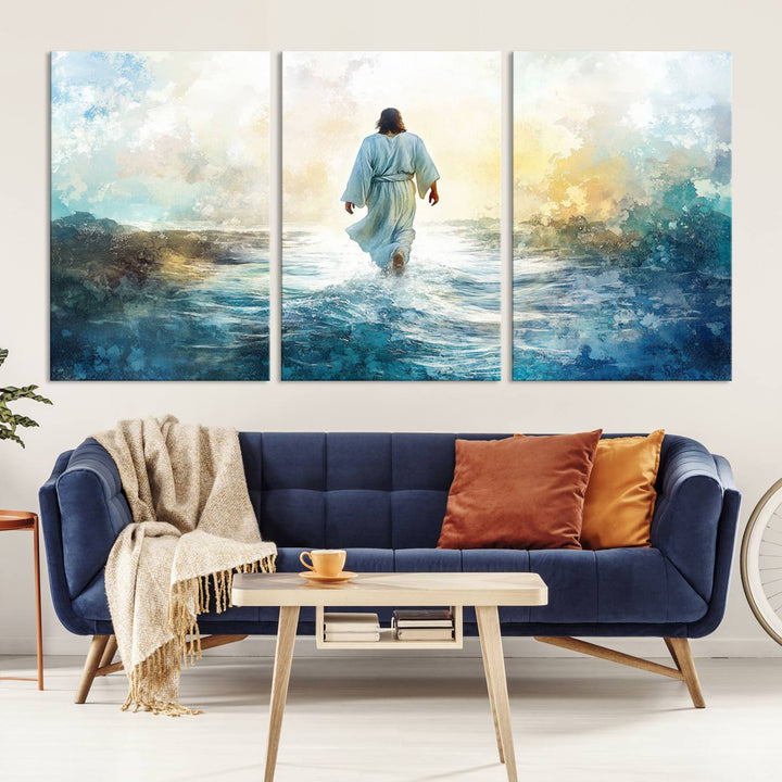 Watercolor Jesus Walking on Water Canvas Print, Christian Wall Art, Jesus Christ Walking