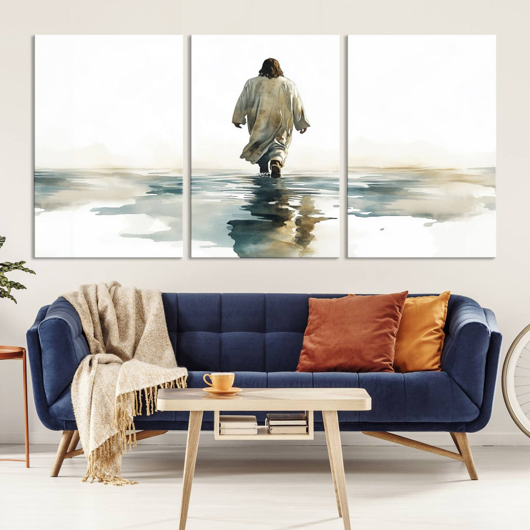 The "Watercolor Jesus Walking on Water Canvas Print" is a breathtaking piece of religious home decor that captures Jesus walking on water in beautiful detail. This Christian wall art hangs gracefully, showcasing its artistic beauty.