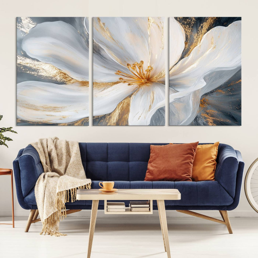 White and Gold Floral Canvas Wall Art - Framed and Ready to Hang - Perfect for Modern Living Rooms