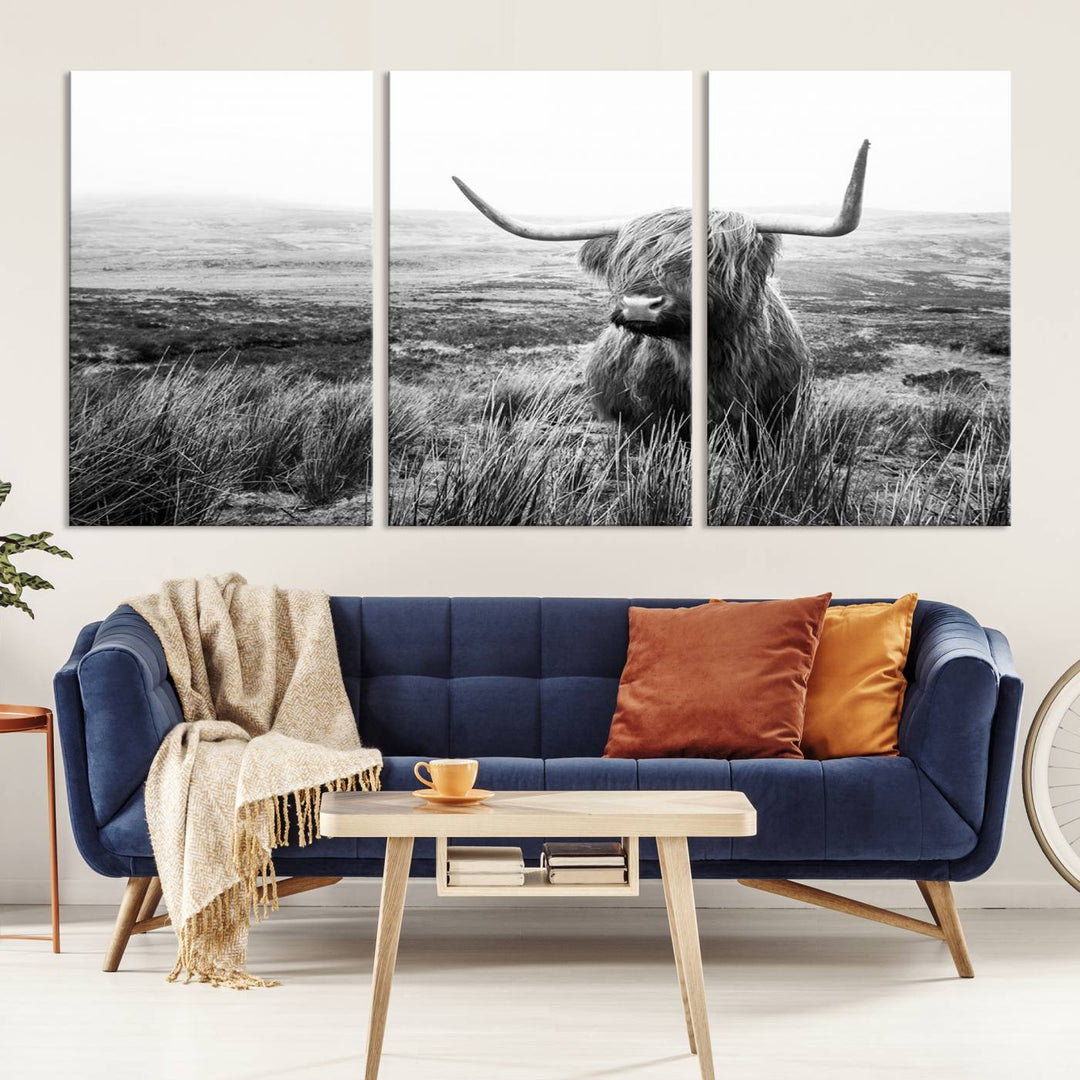 Scottish Highland Cow Wall Art | Black and White Canvas Print | Ready to Hang and Framed | Rustic Farmhouse Wall Decor for Living Room or Office