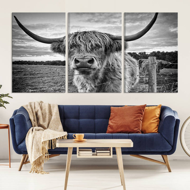 Scottish Highland Cow Wall Art Canvas Print | Ready to Hang and Framed | Rustic Farmhouse Decor