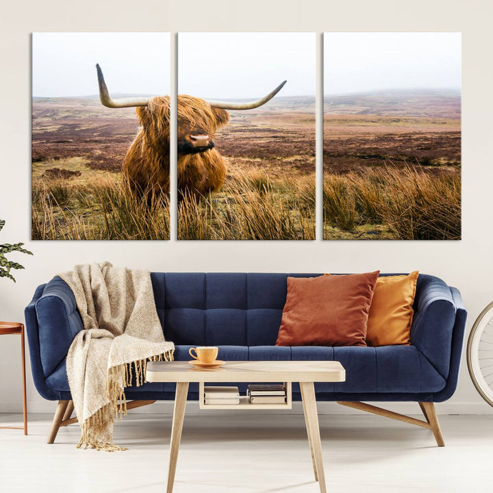 Scottish Highland Cow Wall Art Canvas Print | Ready to Hang and Framed | Rustic Farmhouse Decor for Living Room or Cabin