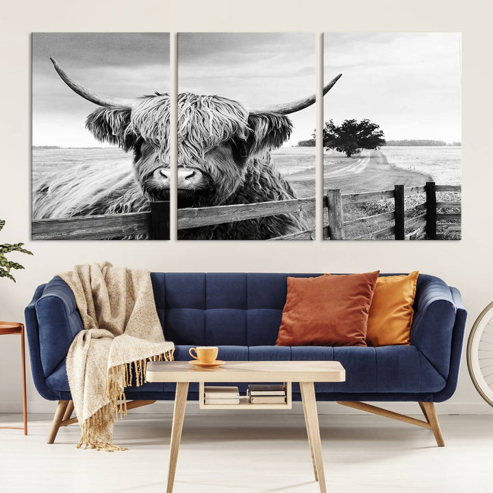 Scottish Highland Cow Wall Art | Rustic Farmhouse Décor | Black and White Ready to Hang Canvas Print