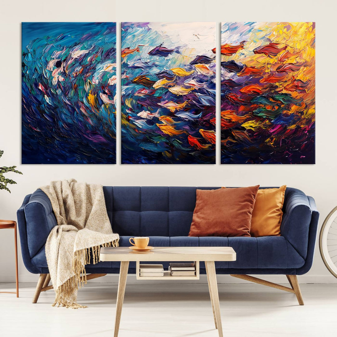 Vibrant Abstract Fish Swarm Art – Colorful Fish Inspired 3-Piece Canvas Wall Art for Living Room or Office – Framed and Ready to Hang