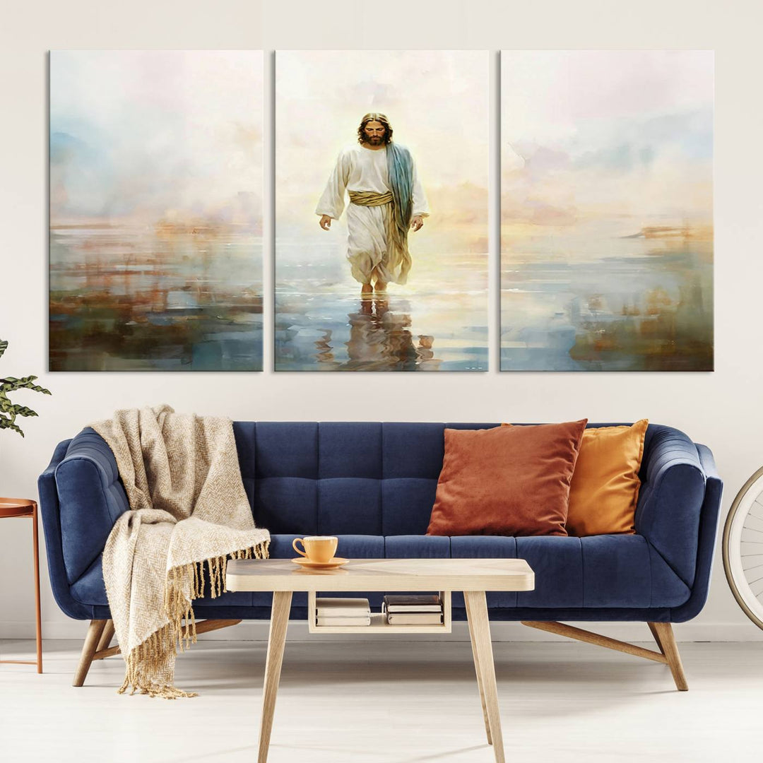 Framed Jesus Walking on Water Wall Art - 3-Panel Christian Canvas Prints, Religious Artwork, Ready to Hang Home Decor for Living Room, Office, or Church