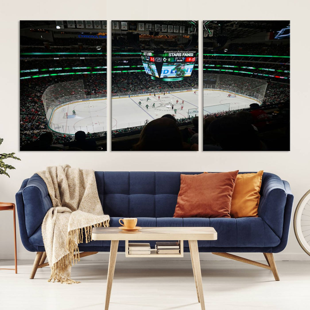 The Dallas Stars Wall Art Canvas Print is as clear as the scoreboard stats at a hockey game in a large arena with bright lights.