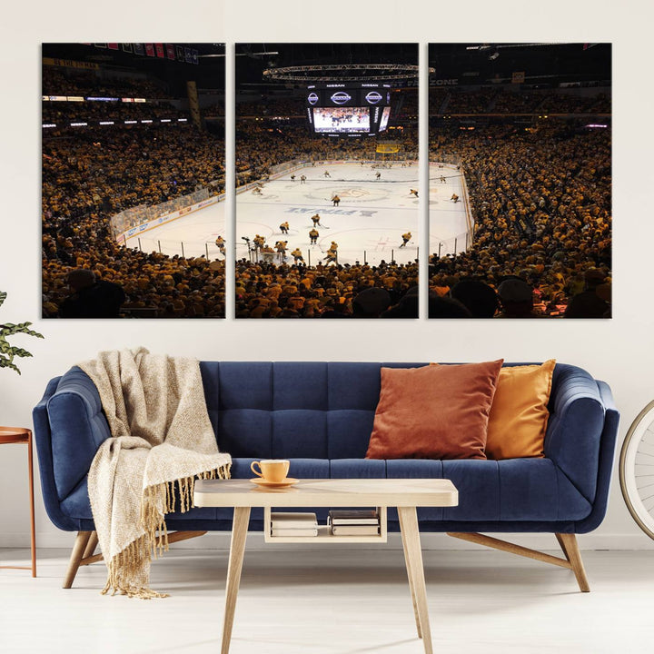 A captivating triptych canvas print, titled "Bridgestone Arena - Nashville Predators Hockey Team Print," adorns the wall. This Nashville wall art canvas print is perfect for Predators fans who appreciate sports-themed decor.