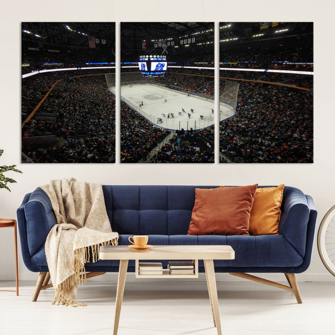 The nautical-themed room is enhanced by the KeyBank Center New York Buffalo Sabres Hockey Stadium Wall Art Canvas Print, a three-panel depiction of a bustling hockey arena with a gallery-quality finish. This canvas artwork, handmade in the USA, introduces an element of sporting elegance to your decor.