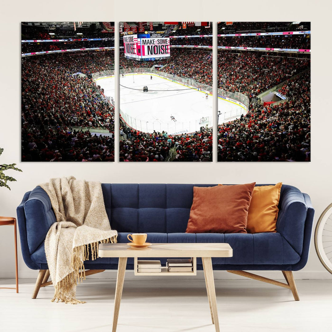 The living room features the PNC Arena Raleigh North Carolina Hurricanes Hockey Stadium Wall Art Canvas Print, which depicts a crowded ice hockey stadium with enthusiastic fans and an ongoing game, all rendered in high-resolution on museum-quality canvas.