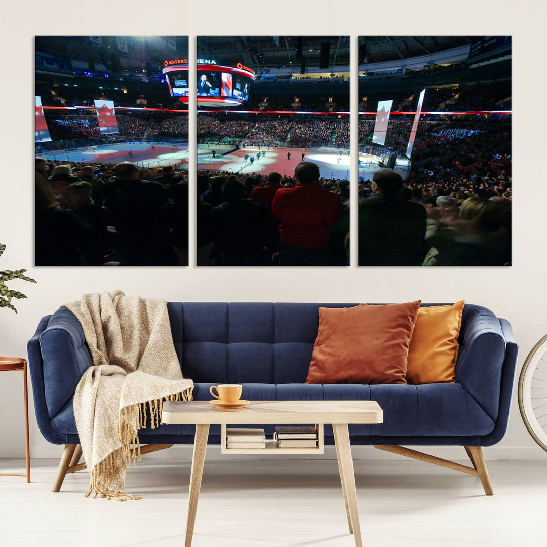 Experience the intense atmosphere of a full-capacity ice hockey game at Rogers Arena, home of the Vancouver Canucks, captured on museum-quality canvas.