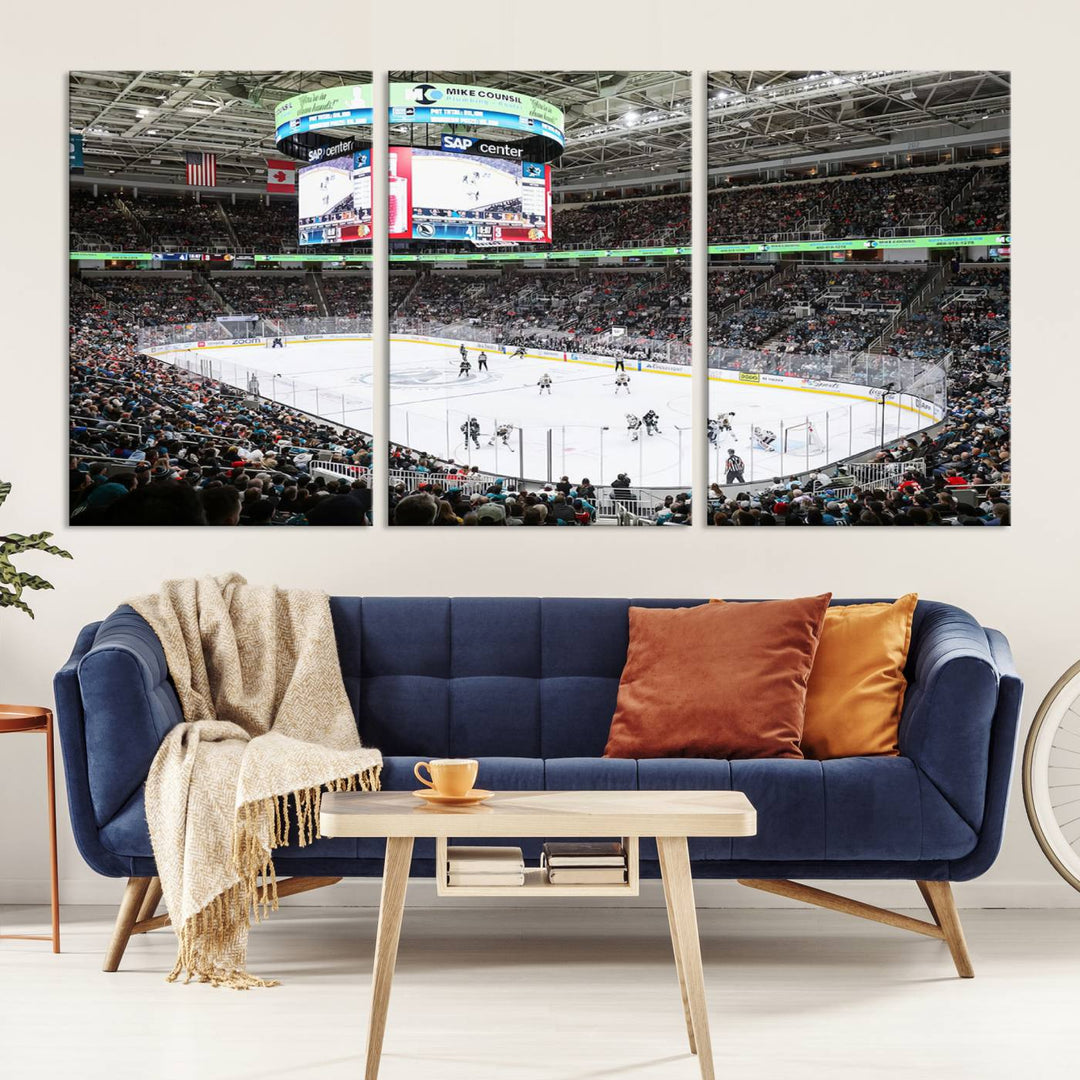 A packed ice hockey arena buzzes with energy as players glide on the ice and a large screen displays scores. The indoor decor features Sharks Arena Blackhawks Sharks Ice Hockey Stadium Wall Art Canvas Prints, creating an unexpected yet charming sporting atmosphere reminiscent of a gallery.