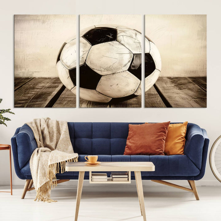 Vintage Soccer Ball Triptych Canvas Art – 3-Panel Soccer Wall Decor, Framed and Ready to Hang Sports Art for Home, Office, or Gym