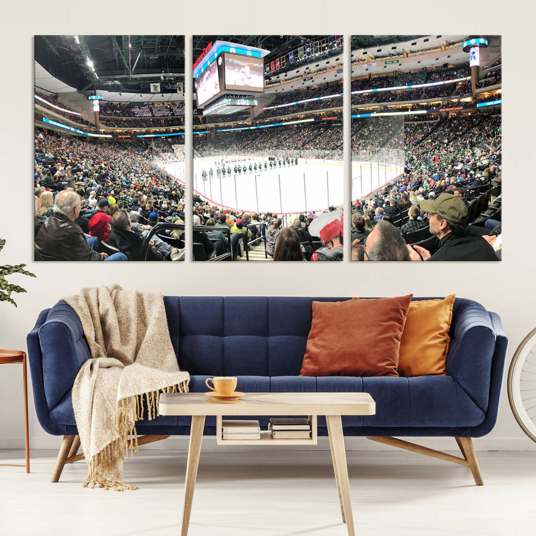 The Xcel Energy Center St Paul Minnesota Wild Ice Hockey Stadium Wall Art Canvas Print captures a packed hockey arena with spectators watching players on the ice. It is elegantly preserved on museum-quality canvas with vibrant details protected by a UV-protective coating.