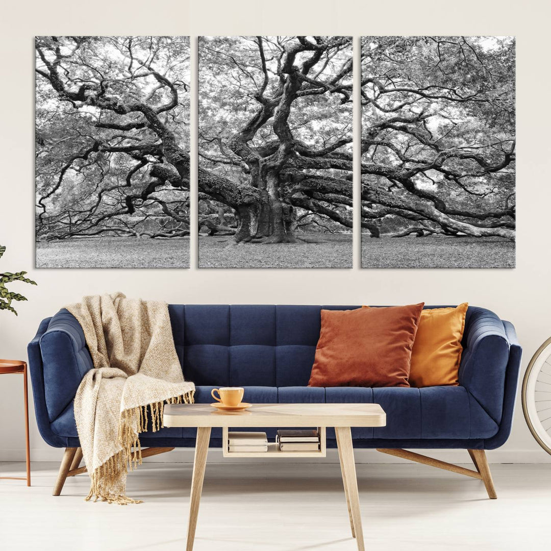 Black White Angel Oak Tree Wall Art - Timeless Nature-Inspired Canvas for Rustic, Modern, or Traditional Home Decor