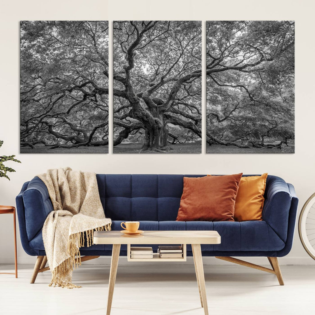 Majestic Angel Oak Tree Black and White Canvas Print – Multi Panel Wall Art, Giclée Print, Ready to Hang Nature Photography for Home Decor