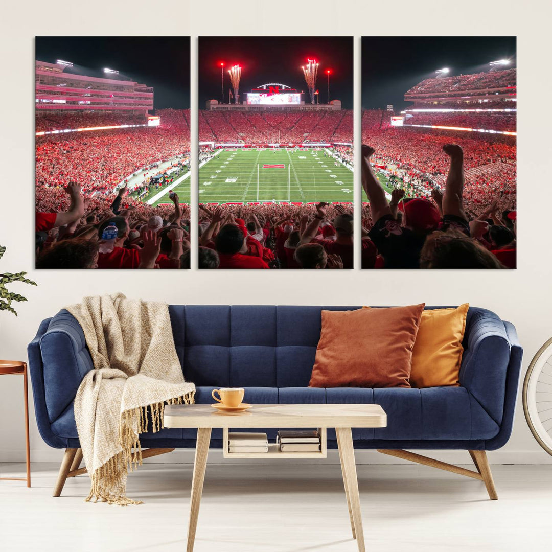 The University of Nebraska Cornhuskers Football Team Print, a vibrant three-panel canvas depicting Lincoln Memorial Stadium filled with enthusiastic fans from the end zone perspective, features a gallery-quality finish.