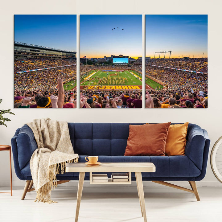 Canvas wall art featuring the University of Minnesota Football Team print, showcasing Huntington Bank Stadium at sunset with jets overhead.