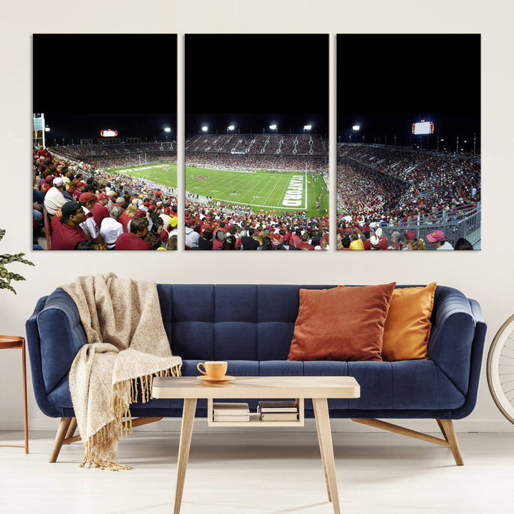 This Stanford University Cardinal Football Team canvas print, depicting fans in red filling Stanford Stadium at night, is perfect.