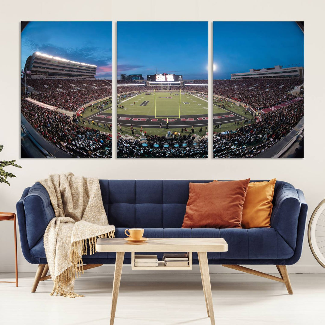 The wall art in the living room features a Texas Tech Red Raiders Football Team Print, showcasing Jones AT&T Stadium at dusk.