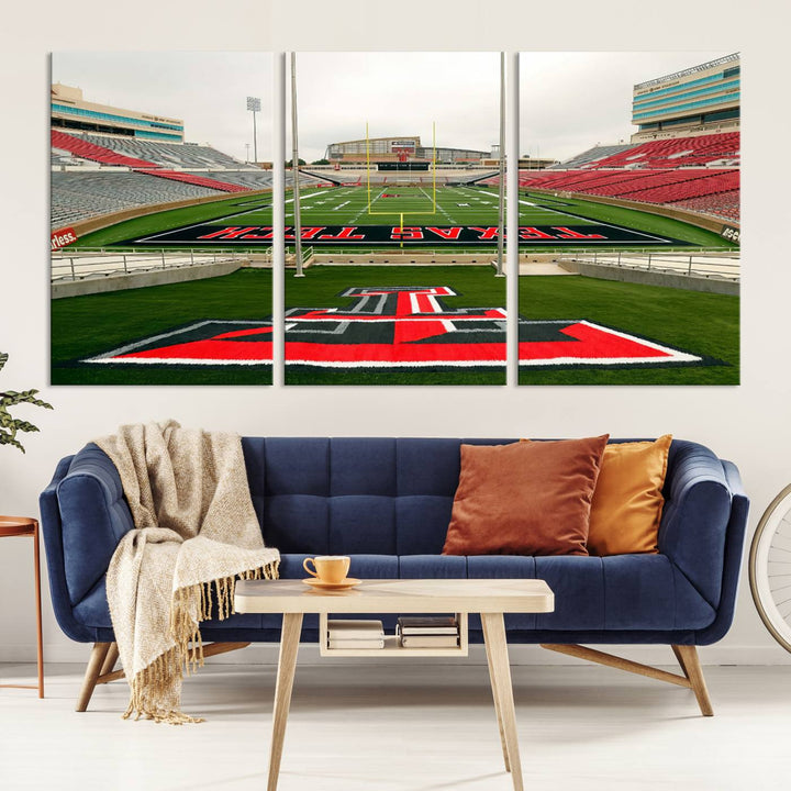 Gallery-quality print of Lubbock Jones AT&T Stadium featuring the Texas Tech Red Raiders field, highlighted by red and gray bleachers.