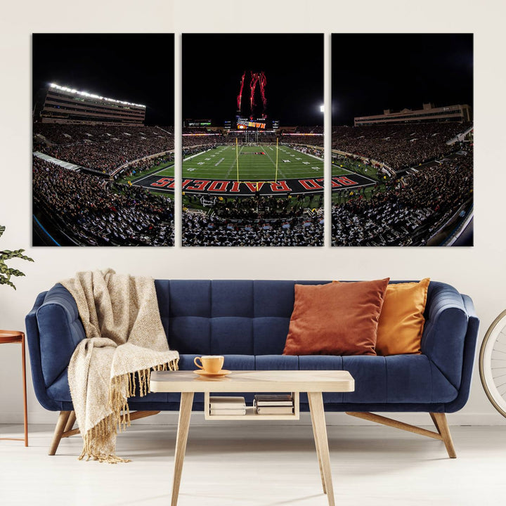 The wall features a Texas Tech Red Raiders Football Team Print on canvas, showcasing fireworks over a packed stadium at night.