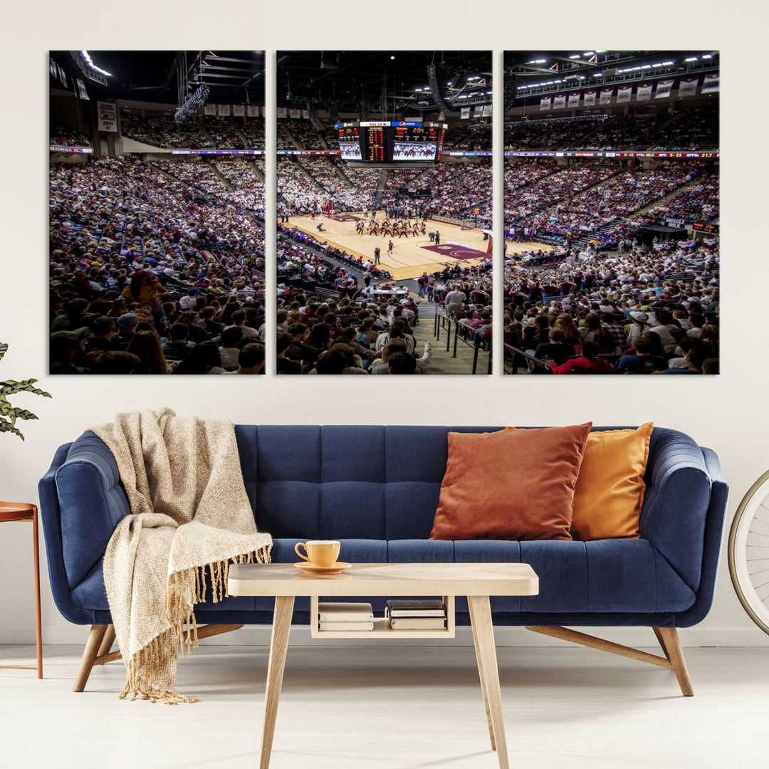 The Nebraska Basketball Arena Wall Art Canvas features an arena filled with Cornhuskers fans and players beneath a scoreboard.