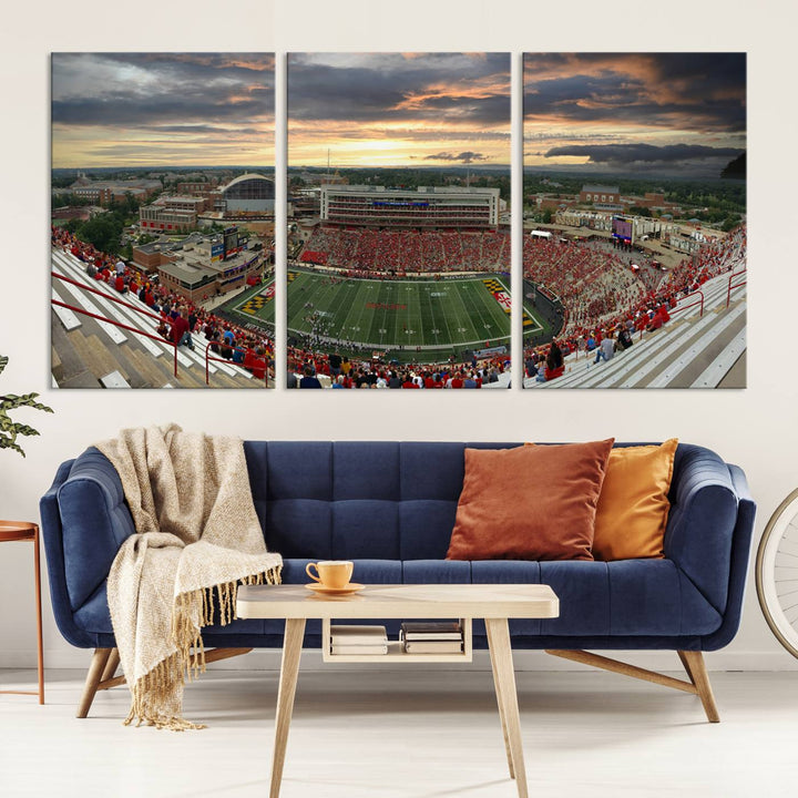 The University of Maryland Terrapins Football Team Print features SECU Stadium at sunset with vibrant skies.