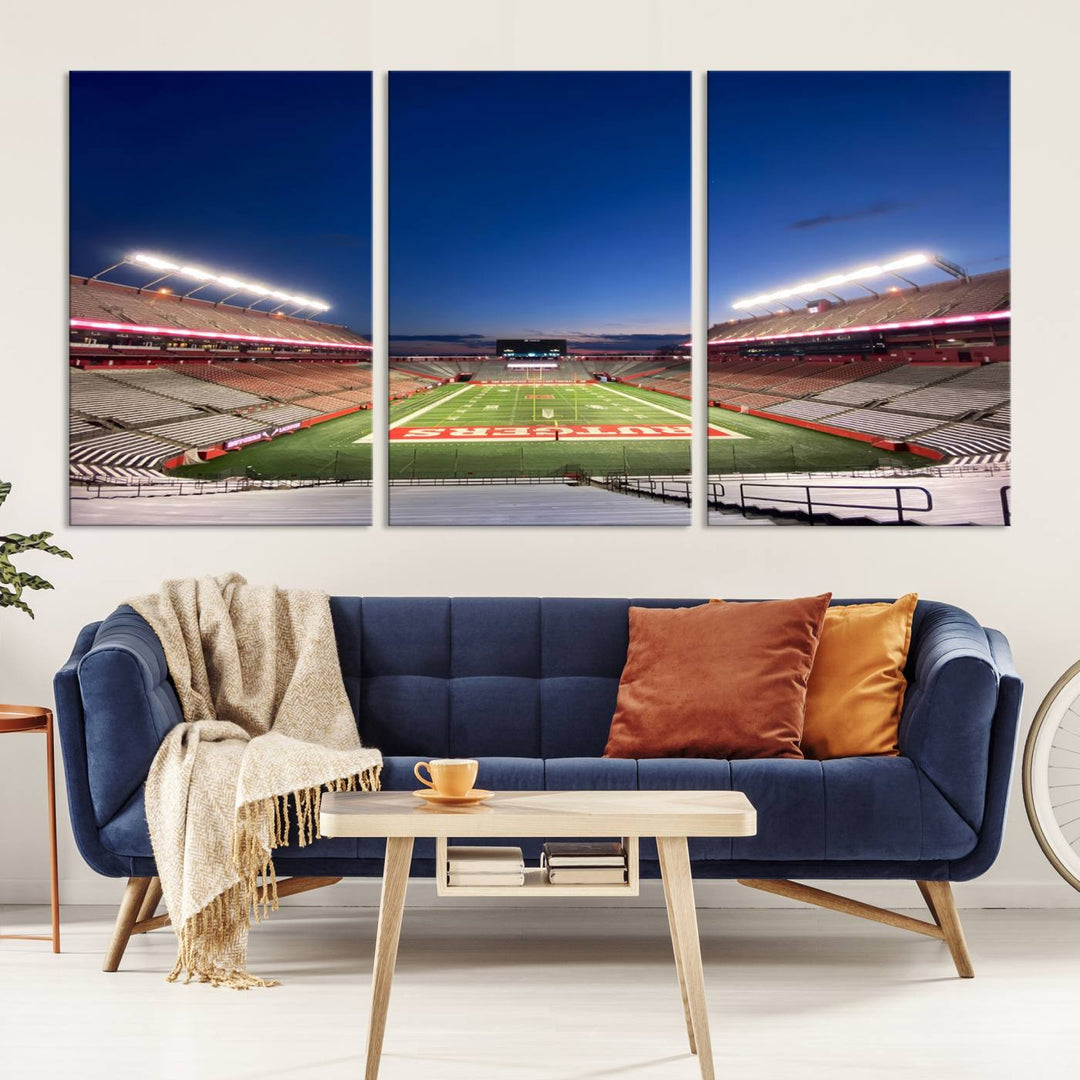 A large SHI Stadium at dusk, ideal for a Rutgers Scarlet Knights Football Team canvas print.