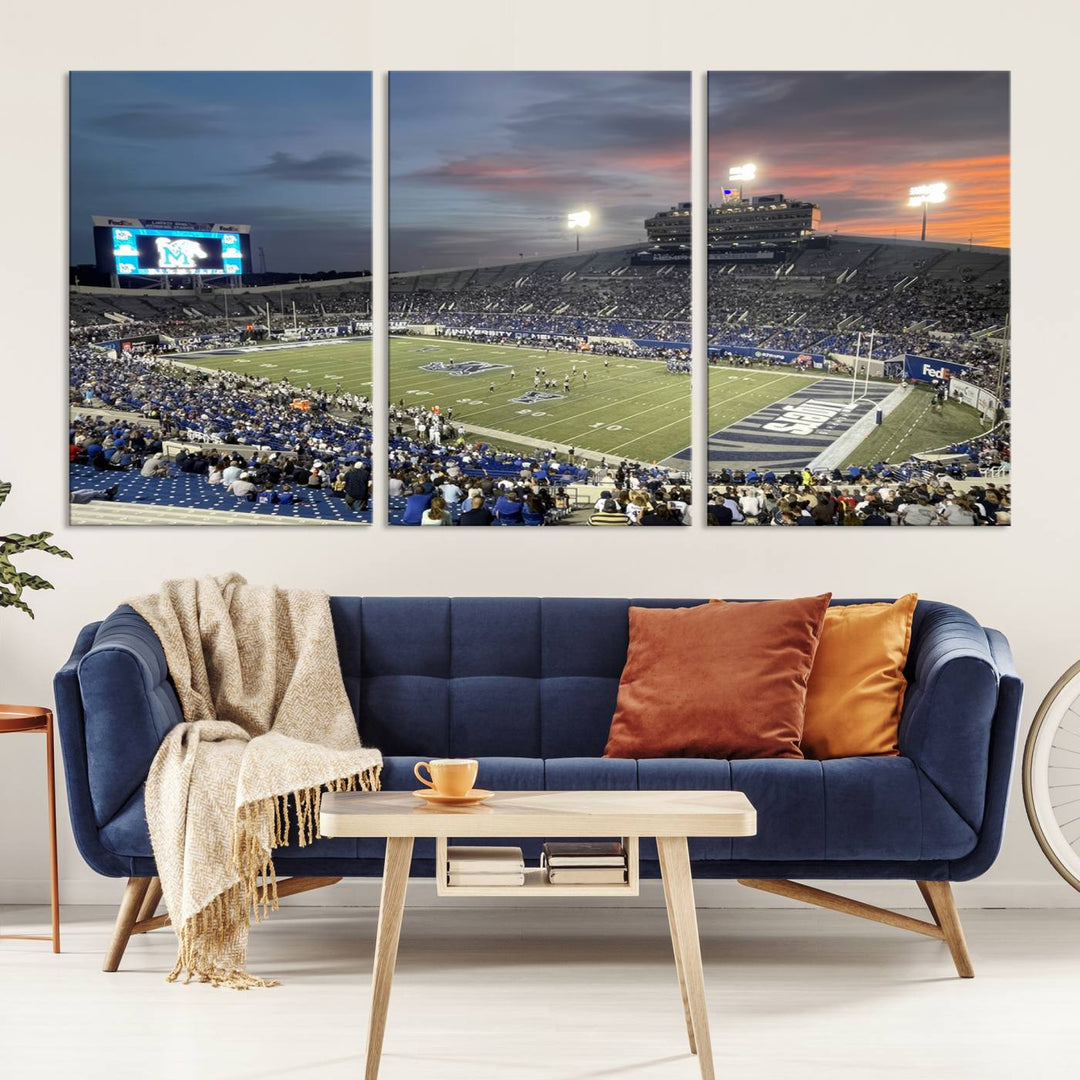 A Memphis Tigers football canvas print of Simmons Bank Liberty Stadium at sunset enhances the living room.