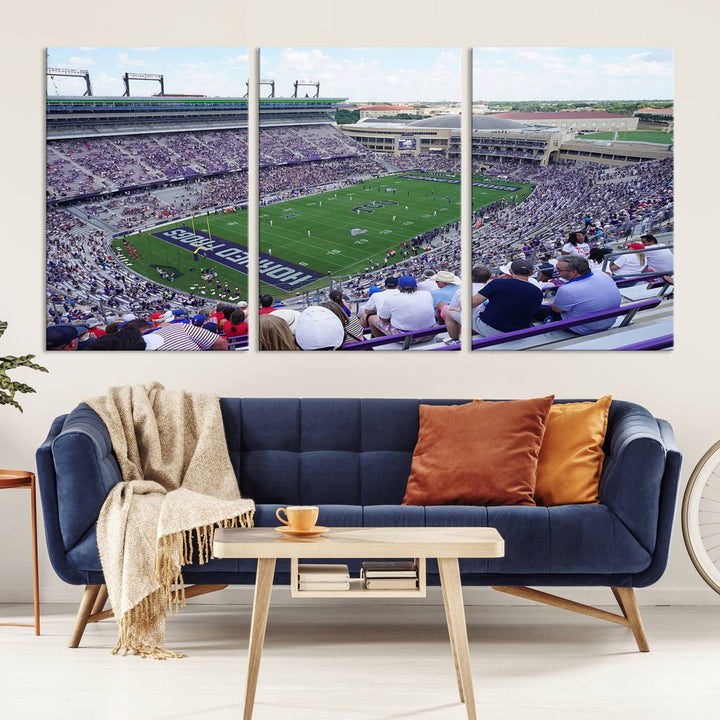 Amon G. Carter Stadium wall art canvas showcasing the TCU Horned Frogs and packed stands at Fort Worth.