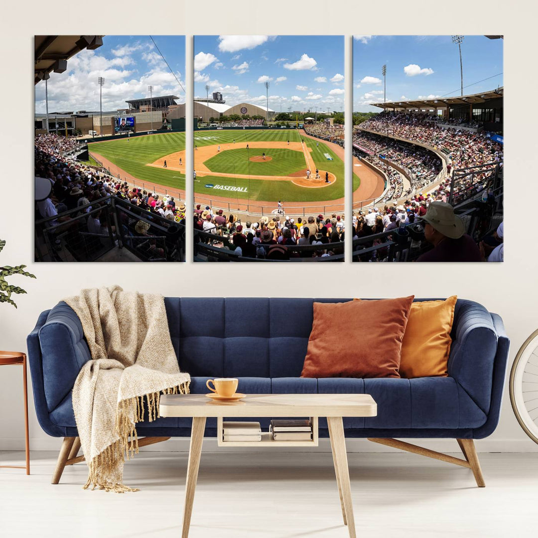 A baseball stadium under a blue sky, capturing the energy of The Texas A&M Aggies Athletics Kyle Field Wall Art.