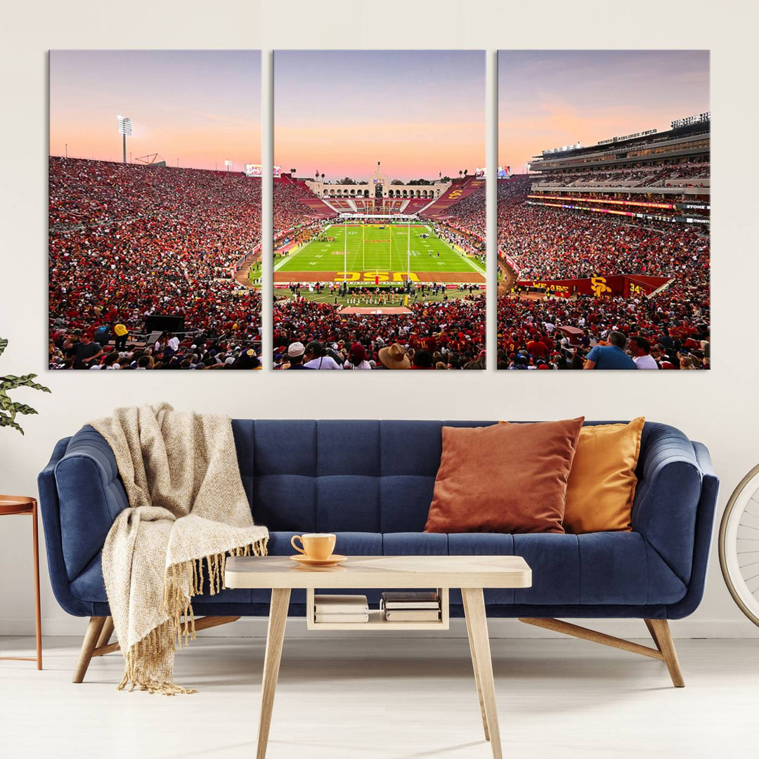 A USC Trojans wall art canvas print highlights the scene, depicting the Coliseum Stadium at sunset.