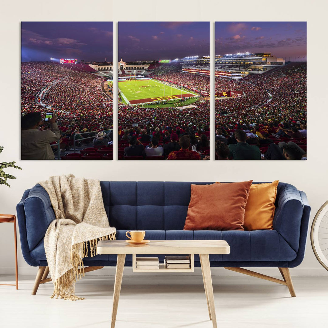 The vibrant wall art canvas print captures the USC Trojans playing under lights at dusk in LA Memorial Coliseum.