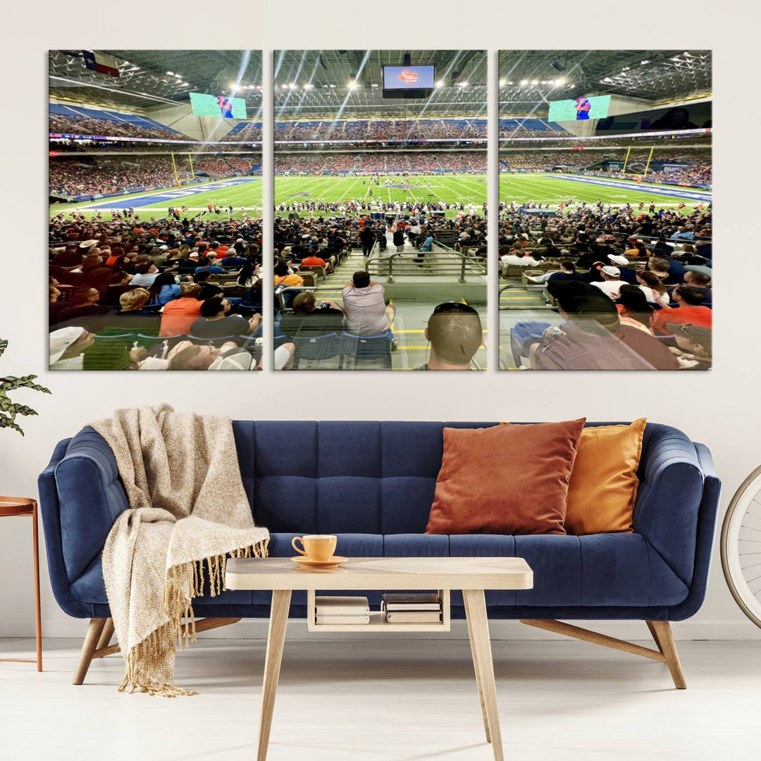 The UTSA Roadrunners Alamodome canvas print hangs in the living room.