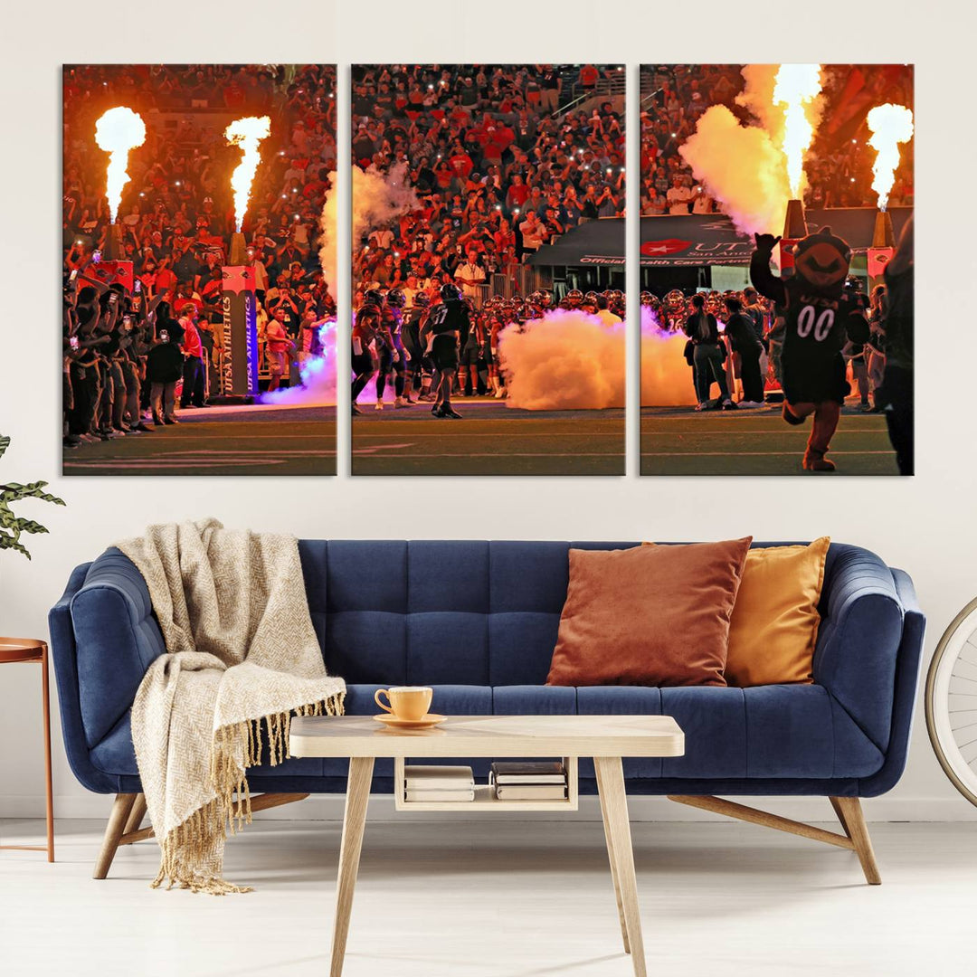 This canvas print captures the UTSA Roadrunners storming the Alamodome under smoke and fire.