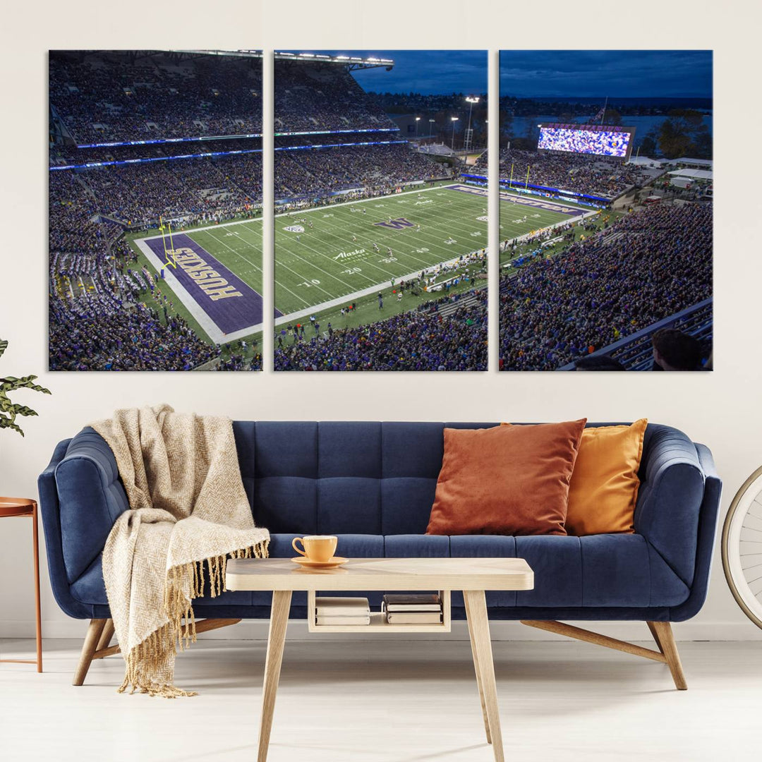 The University of Washington Huskies Football Team Print: Seattle Husky Stadium Wall Art Canvas captures a dusk stadium view.