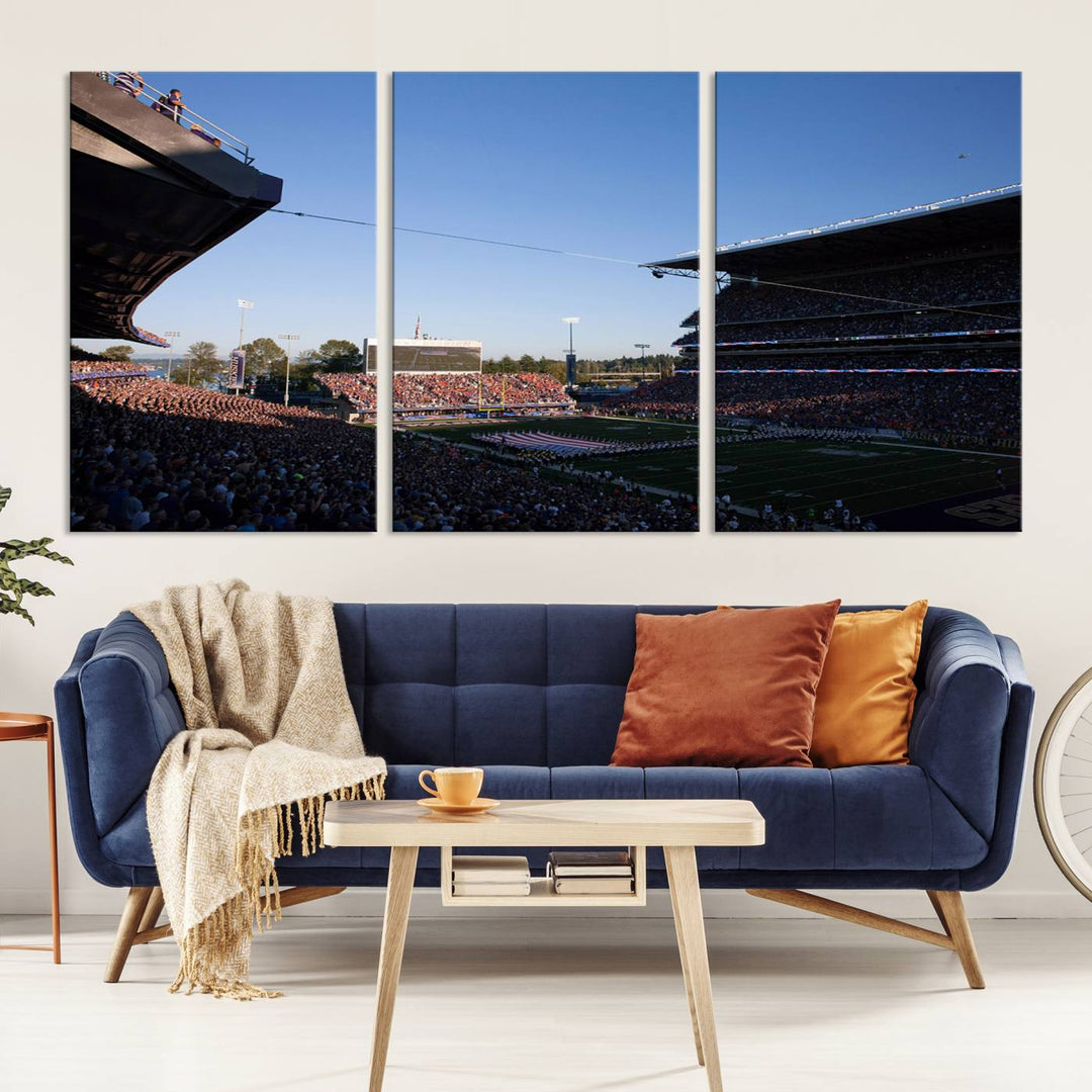 The University of Washington Huskies wall art print depicts Husky Stadium coming alive with fans as flags flutter.