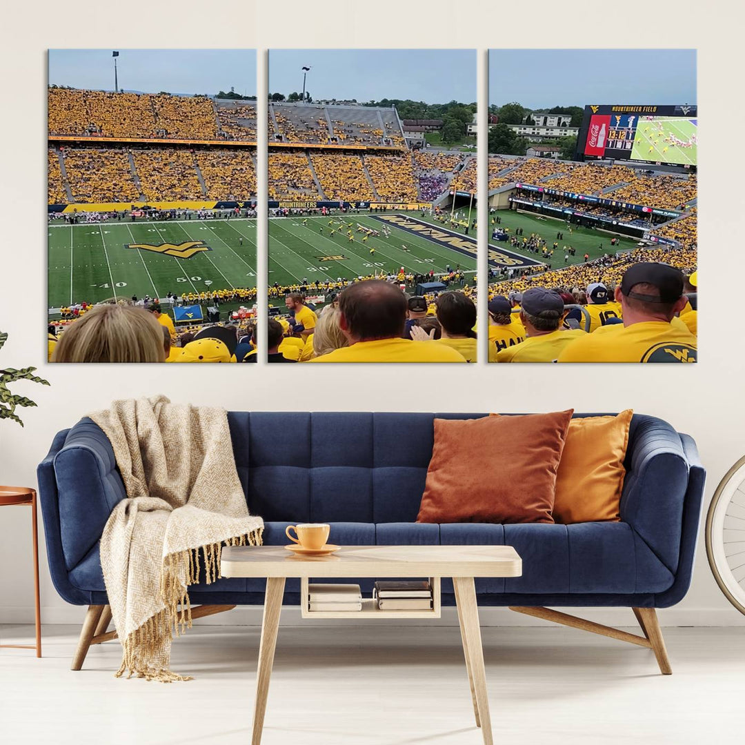 A Puskar Stadium canvas print decorates the modern living room shelf.