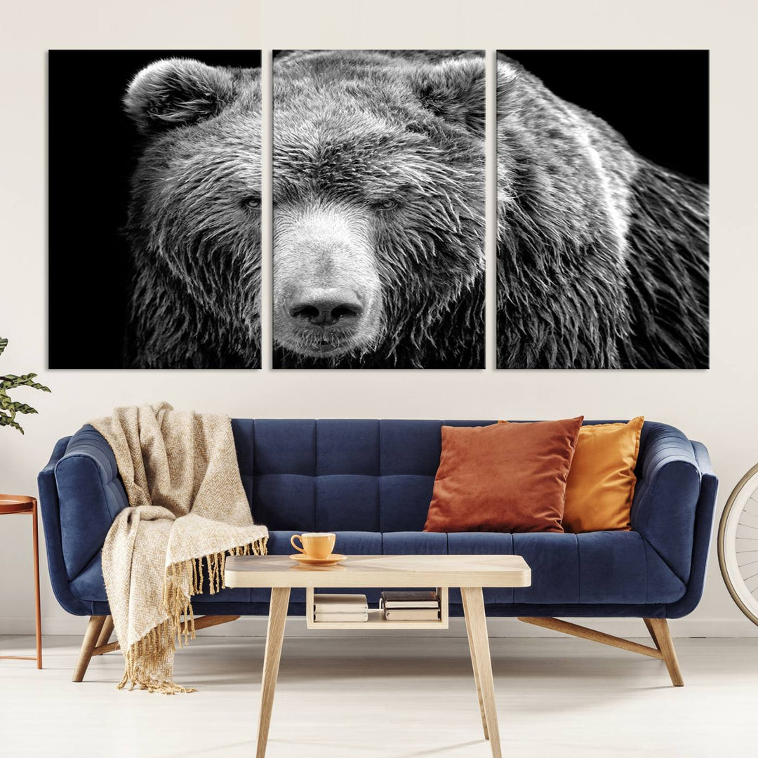 The 399 Grizzly Bear Canvas Print is displayed prominently on a wall in a modern living room.