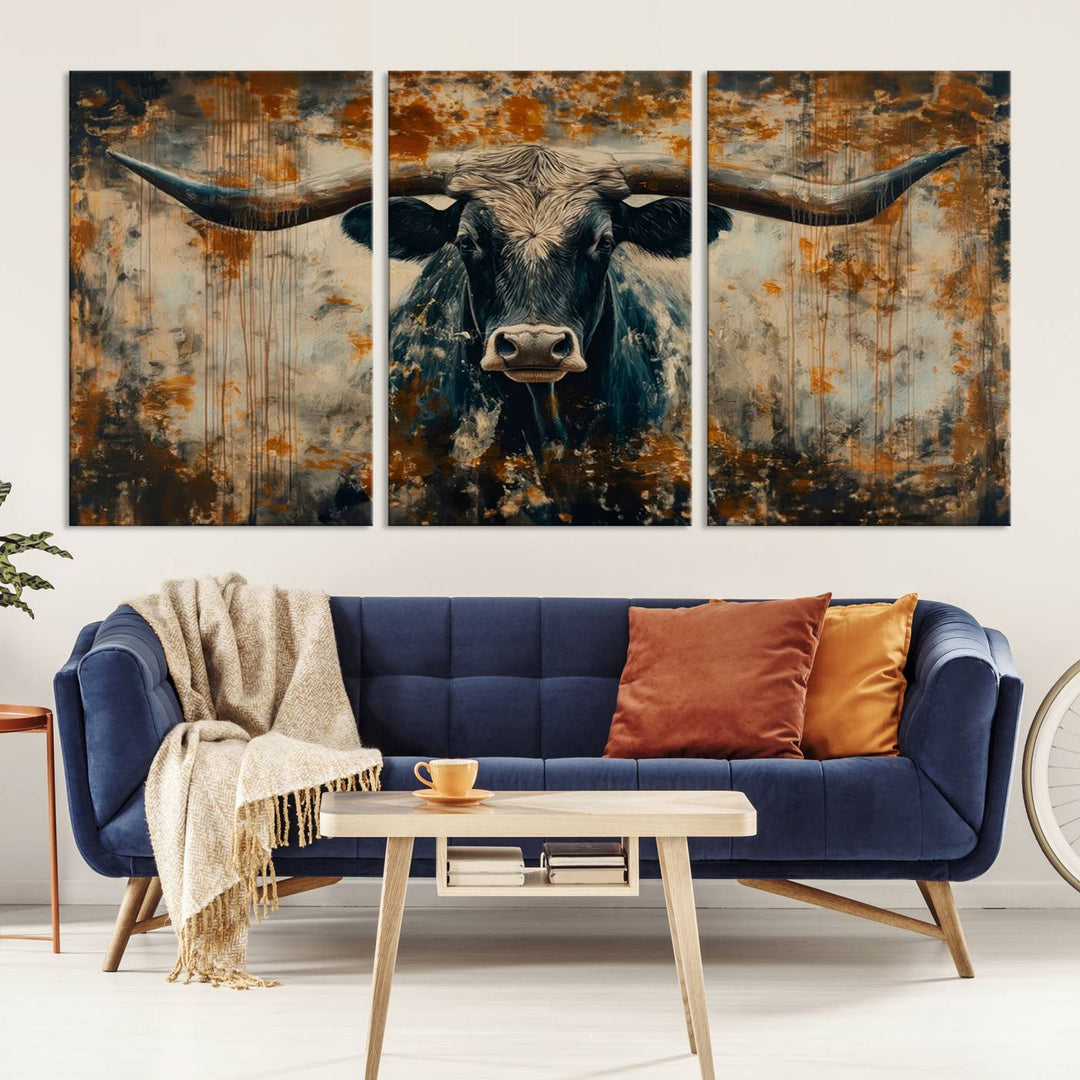 The abstract Longhorn bull wall art features earthy tones, making it an ideal piece for rustic western decor in a farmhouse, lodge, or barn. It comes ready to hang.