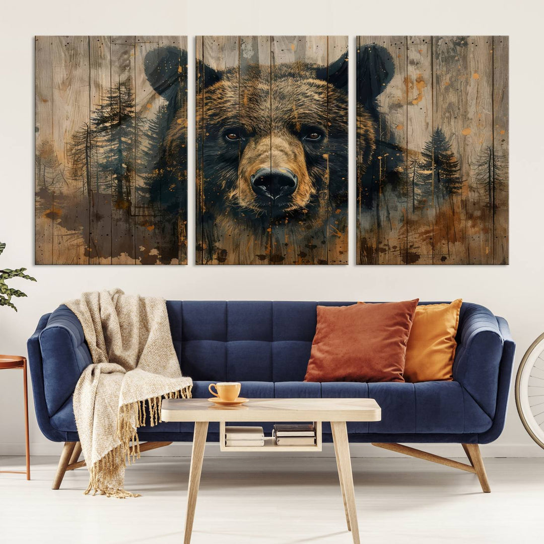 The Abstract 399 Bear Wall Art, featuring a rustic cabin theme with forest design, is framed and ready to hang. It's ideal for lodge, cabin, and barn decor and perfectly complements the nature lover's aesthetic.